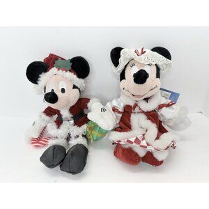 Vintage Santa Mickey And Christmas Minnie Mouse Disney World Bean Bag Plush 2002